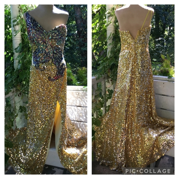 Tony Bowls | Dresses | Tony Bowls Sequin Gold Yellow Rainbow Butterfly Gown  | Poshmark